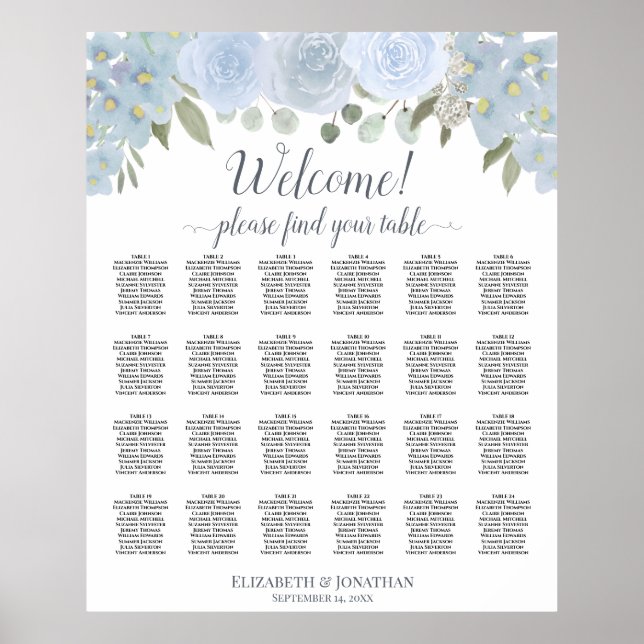 Rustic Dusty Blue Floral 24 Table Seating Chart (Front)