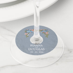Rustic Dusty Blue Floral Bird Wedding Wine Glass Tag