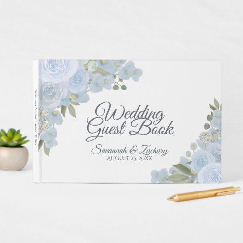 Rustic Dusty Blue Floral Boho Elegant Wedding Guest Book