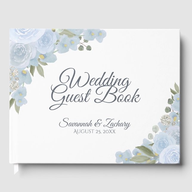 Rustic Dusty Blue Floral Boho Elegant Wedding Guest Book (Front)