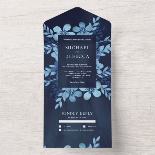 Rustic Dusty Blue Floral Bouquet Navy Wedding All In One Invitation