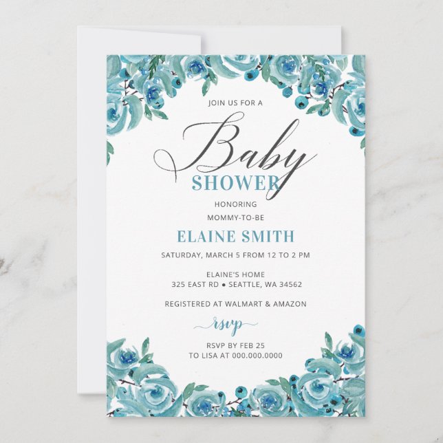 Rustic Dusty Blue Floral Boy Baby Shower Invitation (Front)