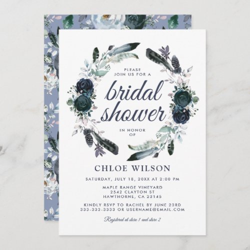 Rustic Dusty Blue Floral Bridal Shower Invitation - Rustic boho bloom bridal shower invitations featuring a chic white background that can be changed to any color, a cute watercolor blue floral wreath design, and a modern bridal party template that is easy to personalize.