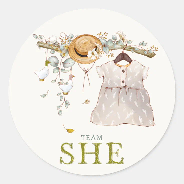 Rustic Dusty Blue Floral Cottagecore Gender Reveal Classic Round Sticker (Front)