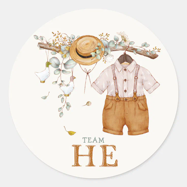 Rustic Dusty Blue Floral Cottagecore Gender Reveal Classic Round Sticker (Front)