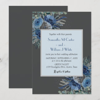 Rustic Dusty Blue Floral Eucalyptus Watercolor Invitation