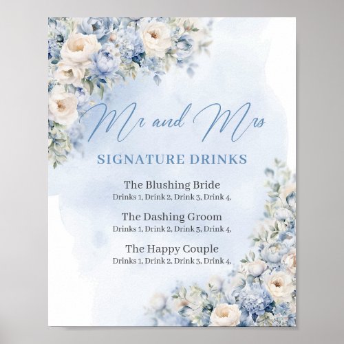 Rustic Dusty Blue Floral gold signature drinks Poster