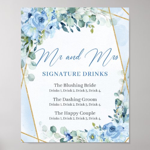 Rustic Dusty Blue Floral gold signature drinks Poster
