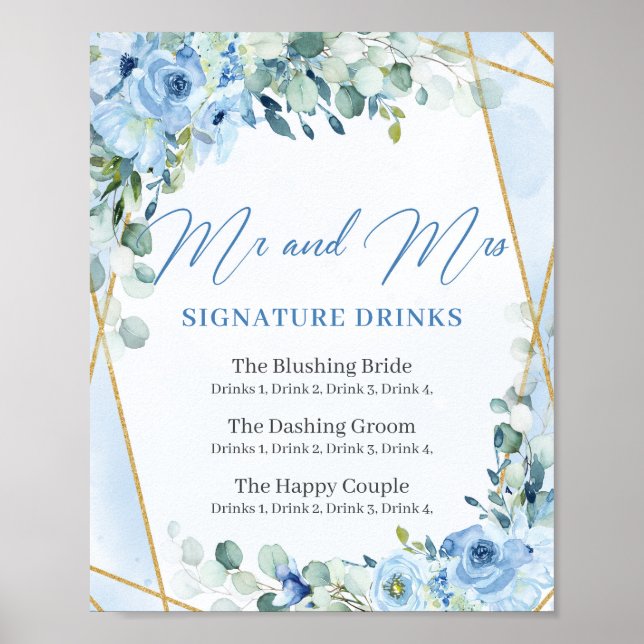 Rustic Dusty Blue Floral gold signature drinks Poster (Front)