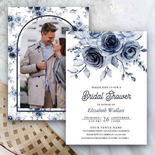 Rustic Dusty Blue Floral Photo Bridal Shower Invitation