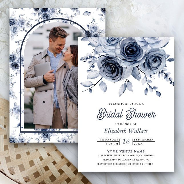 Rustic Dusty Blue Floral Photo Bridal Shower Invitation (Creator Uploaded)
