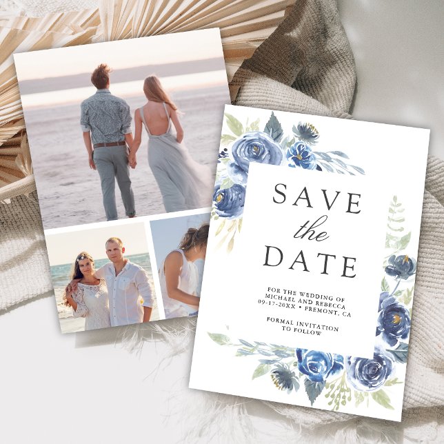 Rustic Dusty Blue Floral Photo Collage Wedding Save The Date (Creator Uploaded)