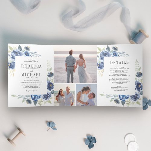 Rustic Dusty Blue Floral Photo Collage Wedding Tri_Fold Invitation