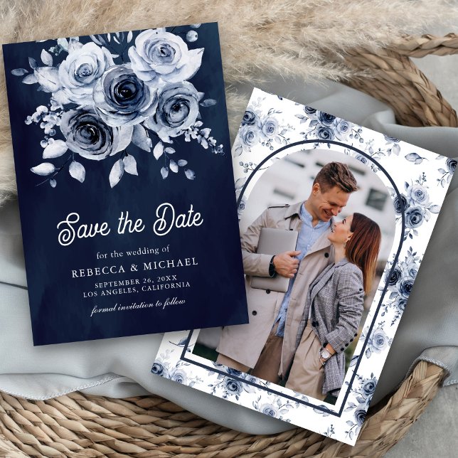 Rustic Dusty Blue Floral Photo Navy Wedding Save The Date (Creator Uploaded)