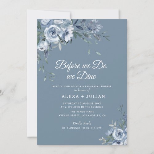 rustic dusty blue floral rehearsal dinner invitation