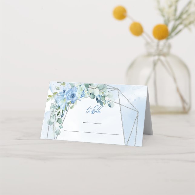 Rustic Dusty Blue Floral silver frame place card (Front)