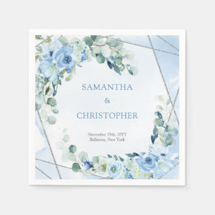 Rustic Dusty Blue Floral silver frame Wedding Napkins