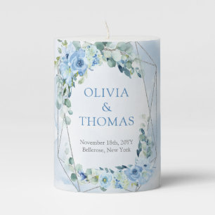 Rustic Dusty Blue Floral silver frame Wedding  Pillar Candle