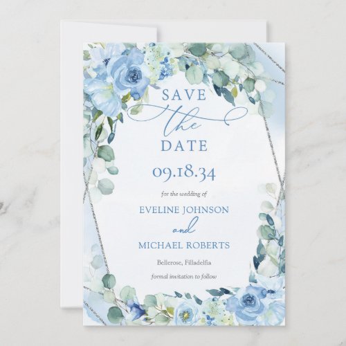 Rustic Dusty Blue Floral silver glitter frame   Save The Date