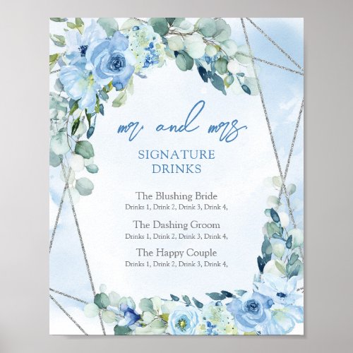 Rustic Dusty Blue Floral silver signature drinks Poster