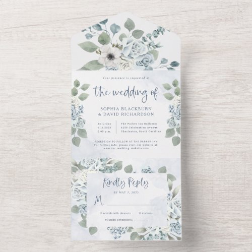 Rustic Dusty Blue Floral  Watercolor Wedding All In One Invitation