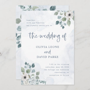 Rustic Dusty Blue Floral Watercolor Wedding Invitation