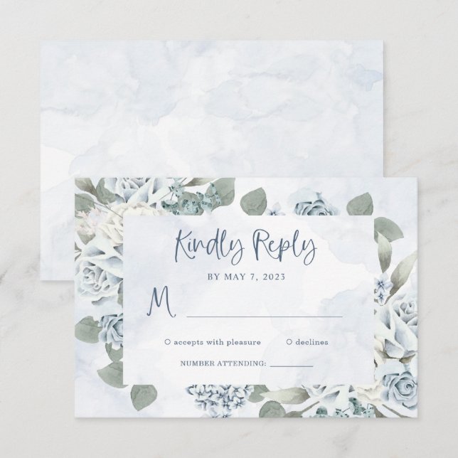 Rustic Dusty Blue Floral | Watercolor Wedding RSVP Card (Front/Back)
