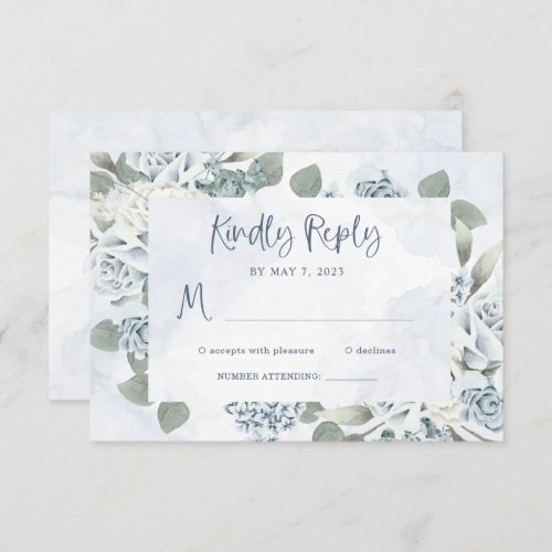 Rustic Dusty Blue Floral  Watercolor Wedding RSVP Card