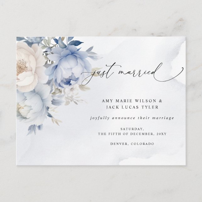 Rustic Dusty Blue Floral Wedding Announcement Postcard (Front)
