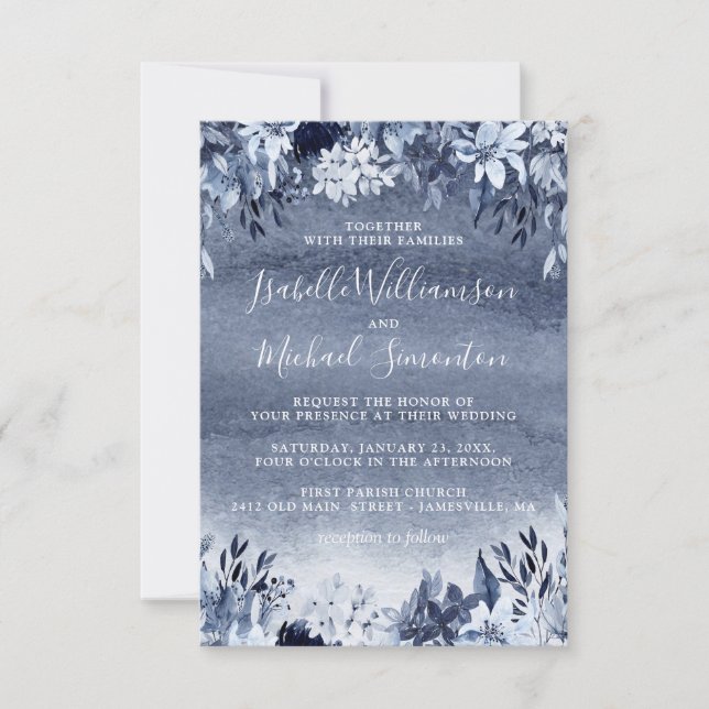 Rustic Dusty Blue Floral Wedding Invitation (Front)