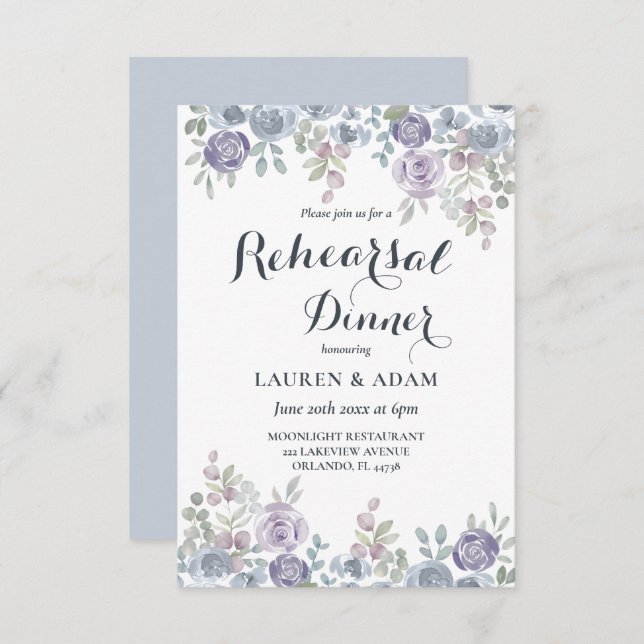 Rustic Dusty Blue Floral Wedding Rehearsal  Invitation (Front/Back)