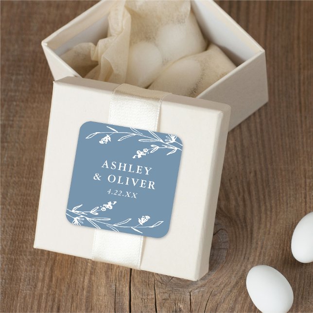 Rustic Dusty Blue Floral Wildflower Wedding Favor Square Sticker (Creator Uploaded)