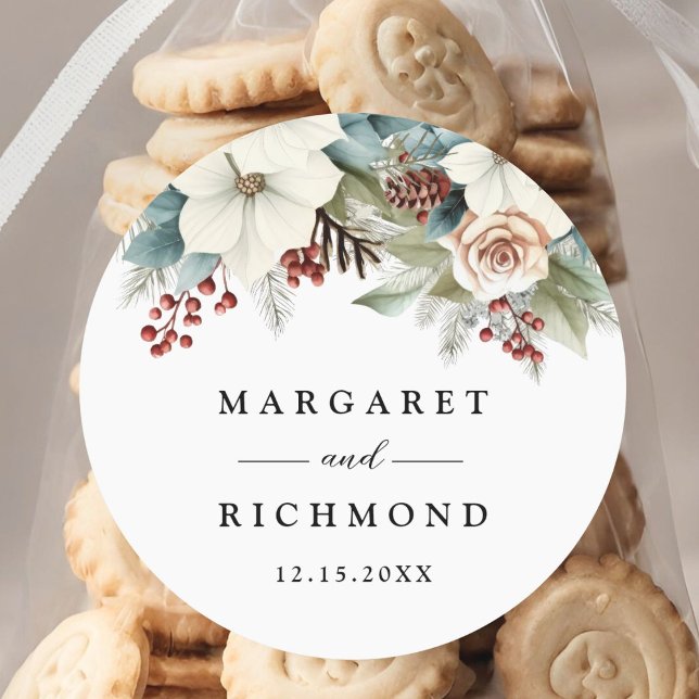 Rustic Dusty Blue Floral Winter Wedding Classic Round Sticker (Creator Uploaded)