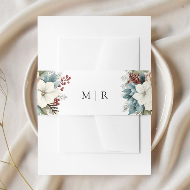 Rustic Dusty Blue Floral Winter Wedding Invitation Belly Band (Creator Uploaded)