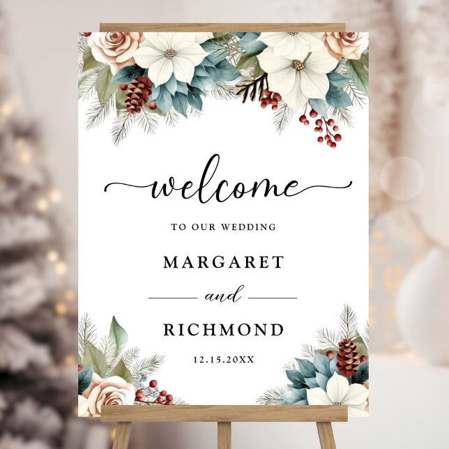 Rustic Dusty Blue Floral Winter Wedding Welcome Foam Board (Creator Uploaded)
