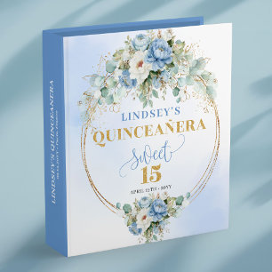 Rustic dusty blue flowers gold 15th Birthday Memor 3 Ring Binder