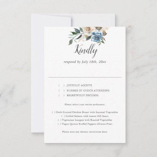 Rustic Dusty Blue Flowers Script Wedding RSVP