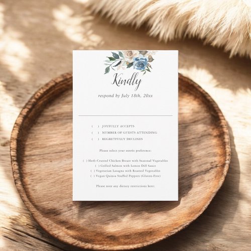 Rustic Dusty Blue Flowers Script Wedding RSVP