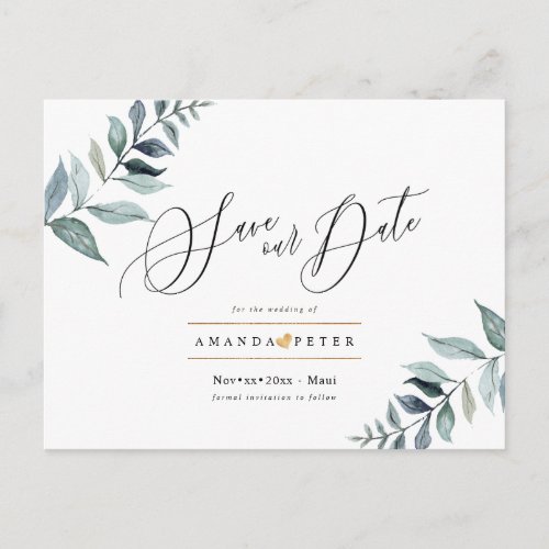 Rustic Dusty Blue Foliage Save the Date Postcard