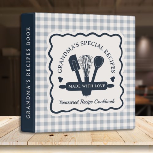 Rustic Dusty Blue Gingham Grandmas Recipe Cookbook 3 Ring Binder