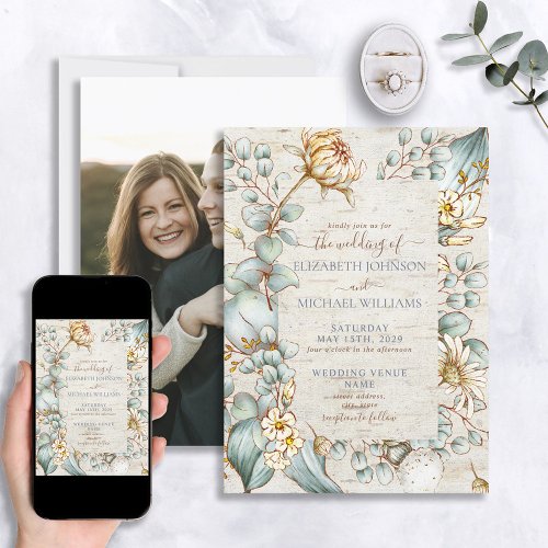 Rustic Dusty Blue  Gold Floral Greenery Photo Invitation