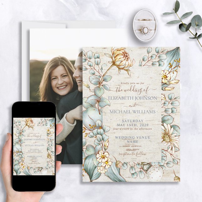 Rustic Dusty Blue & Gold Floral Greenery Photo Invitation (Creator Uploaded)