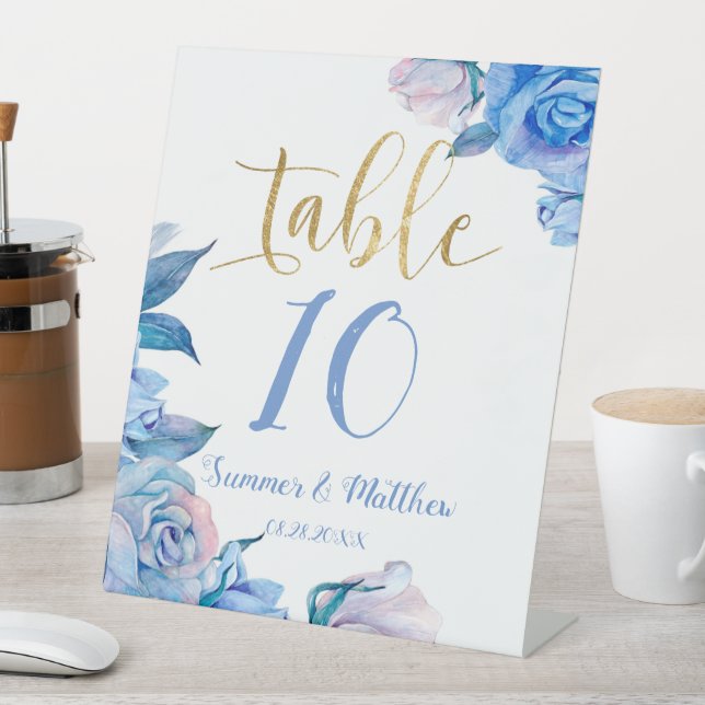 Rustic Dusty Blue Gold Roses Wedding Table Number Pedestal Sign (In SItu)