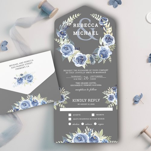 Rustic Dusty Blue Gray Floral Rose Garland Wedding All In One Invitation