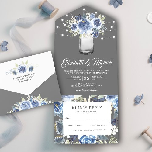 Rustic Dusty Blue Grey Floral Mason Jar Wedding All In One Invitation