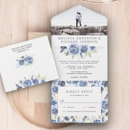 Rustic Dusty Blue Grey Floral Photo Wedding All In One Invitation