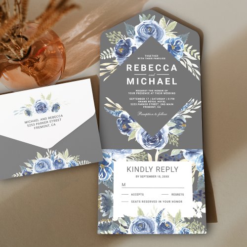 Rustic Dusty Blue Grey Watercolor Floral Wedding All In One Invitation
