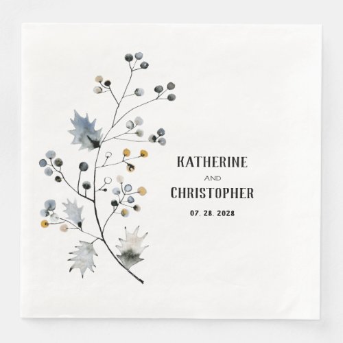 Rustic Dusty Blue Holly Stem Leaf  Berries Paper Dinner Napkins