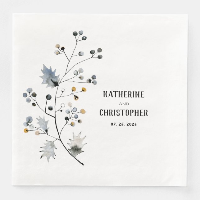 Rustic Dusty Blue Holly Stem Leaf & Berries Paper Dinner Napkins (Front)