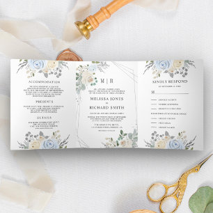 Rustic Dusty Blue Ivory Floral All in One Wedding Tri-Fold Invitation